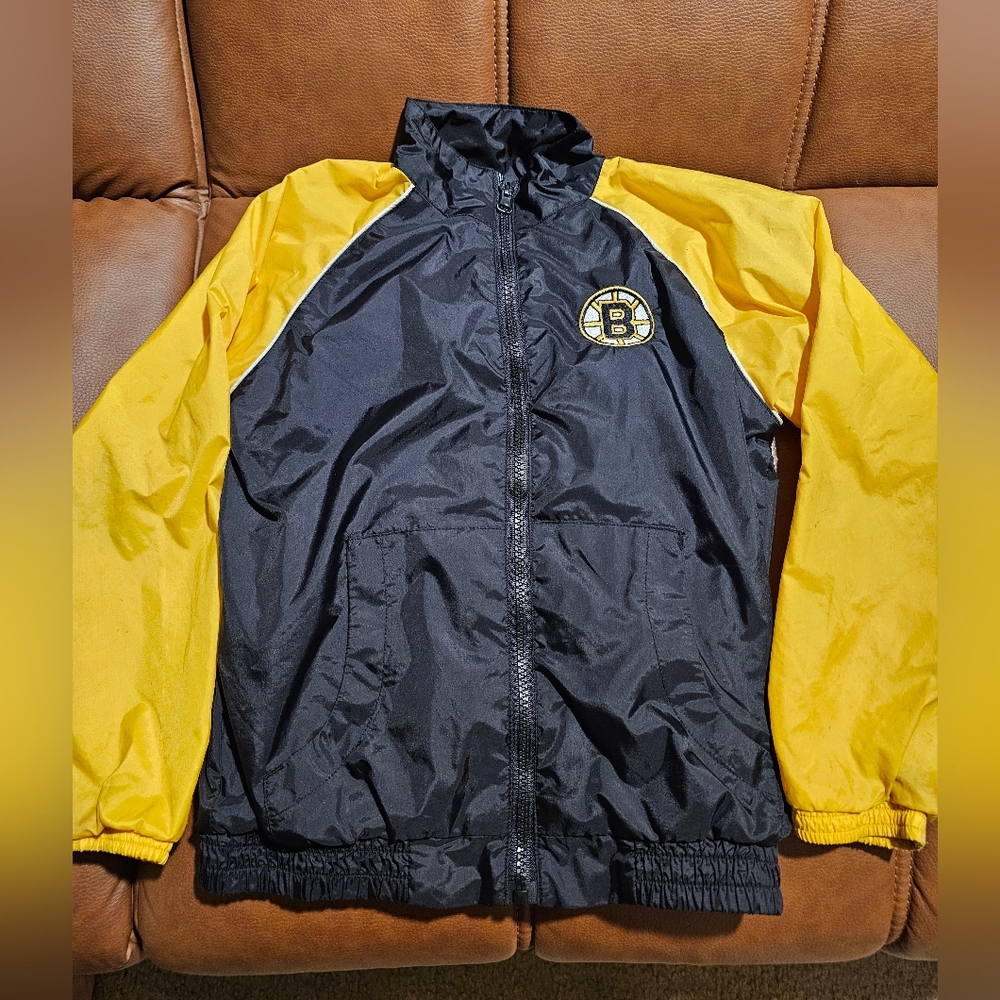 90s NHL Boston Bruins Windbreaker Jackets Youth Sz 7 Black Yellow Official Flaw